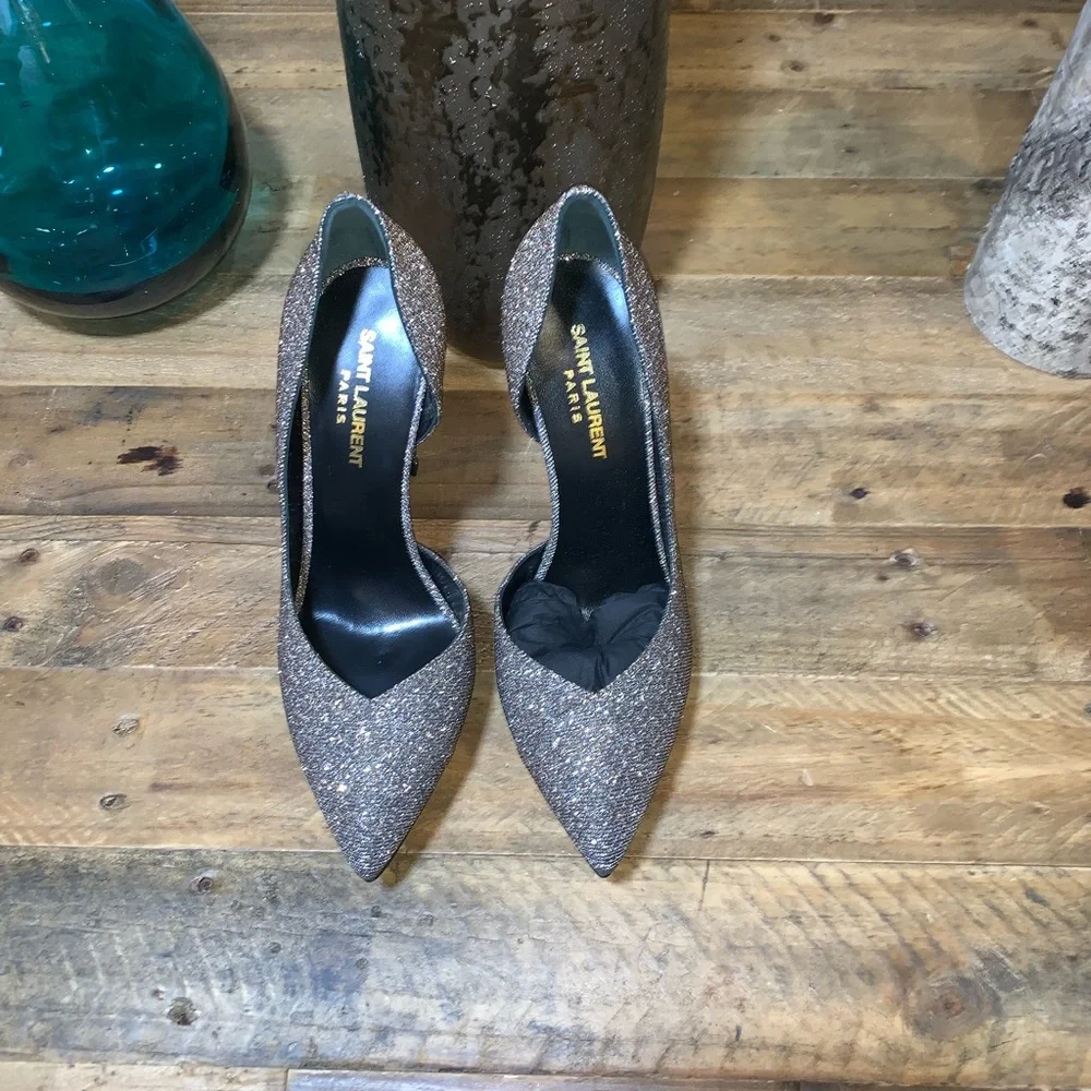 Saint Laurent Silver Glitter Platform Pumps